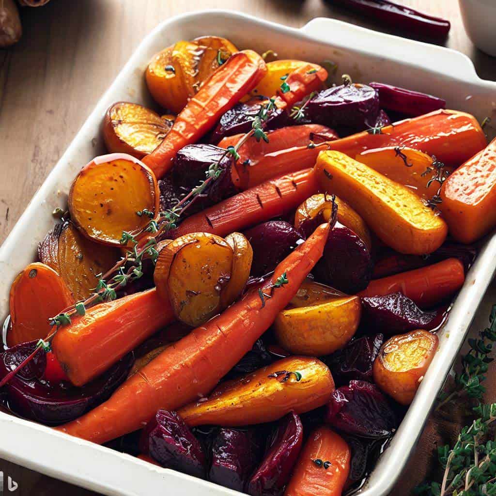 Savory and Sweet Maple Glazed Roasted Root Vegetables, Vegan and Low FODMAP